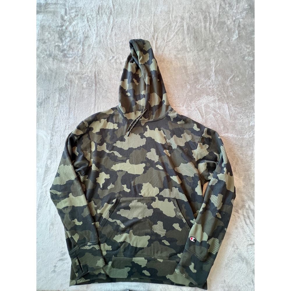 Champion Hoodie Mens Medium Green Camo Fleece Pullover Sweatshirt